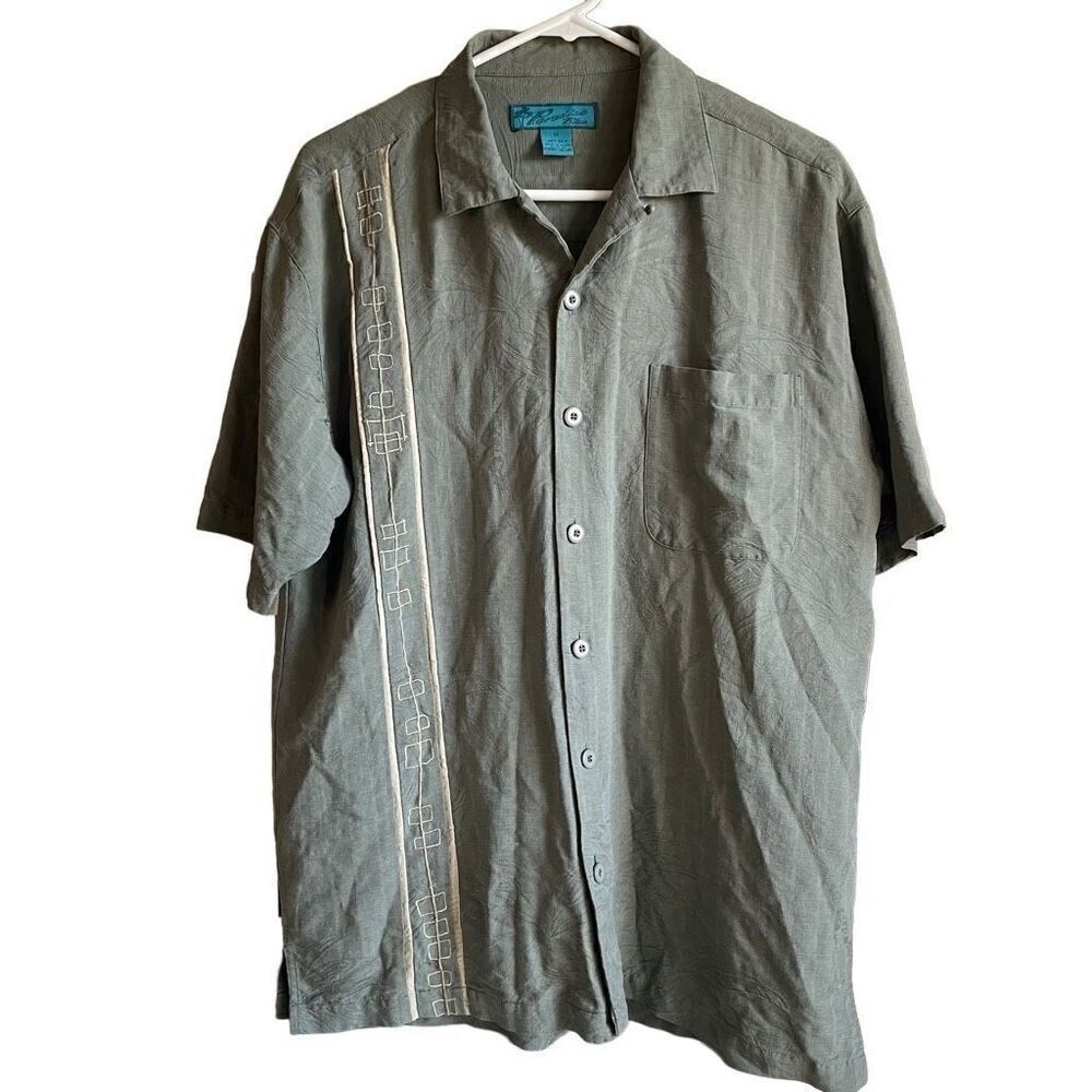Paradise Blue Mens Luau Camp Button Up Shirt M Sage Green Hawaiian Embroidered